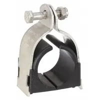 This vibration-dampening strut clamp is designed for 1 1/4 in pipe with a maximum outside diameter of 1 11/16 in. It includes mounting hardware and features a TPE cushion material for general-purpose temperature applications. Used to secure and isolate pipe runs in industrial piping systems, reducing vibration and noise