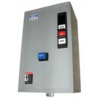 Three-pole enclosed non-reversing motor starter with electronic overload protection. Rated 9 A at 208V AC. Includes 1NO/1NC auxiliary contacts. Used for starting and stopping three-phase AC motors in applications such as conveyors, pumps, fans, and compressors