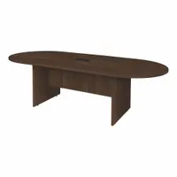 Laminate/melamine oval conference table in Neo Walnut finish. Overall length 95 inches, width 43 inches. Slab leg design with PVC edge banding. Suitable for meeting rooms, boardrooms, and collaborative workspaces