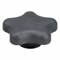Plastic knob with steel thread insert, 2.27 in diameter, 1/4"-20 thread. Five-arm design provides secure grip for manual adjustment and clamping on industrial machinery, jigs, and fixtures.