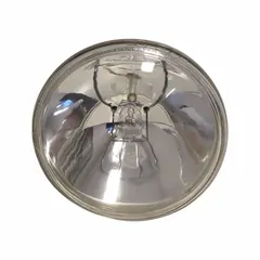 This halogen headlight provides a high beam pattern and includes an integrated heating function to prevent ice and snow buildup. It features a round shape with a recessed bolt mount and screw terminals for electrical connection. Suitable for heavy-duty vehicles and equipment requiring reliable illumination in cold environments.