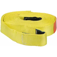 Yellow 1-ply nylon tow strap with eye attachments on both ends. Overall length 20 ft, width 2 in, heavy-duty capacity. Suitable for vehicle recovery and towing tasks in fleet maintenance and construction environments.
