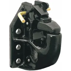 This pintle hook is constructed from iron with a powder-coated finish. It has a gross trailer weight capacity of 90,000 lb. Used for heavy-duty towing applications such as coupling trailers to tow vehicles in industrial, construction, and agricultural settings.