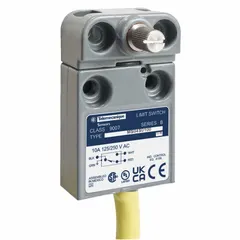 Metallic rotary-motion limit switch from the 9007MS series with a total travel of 70°. Supplied with a pre-wired cable and 1NO/1NC contact configuration. No actuator included. Used for position detection of rotating machinery in industrial automation applications such as conveyors, packaging equipment, and material handling systems.