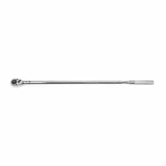 This ratcheting micrometer torque wrench has a 1-inch drive and 49-inch overall length, providing a torque range of 150 to 700 ft-lb with dual-scale measurement in foot-pounds and newton-meters. It is used for tightening fasteners to precise torque values in heavy-duty industrial applications such as automotive, truck, and equipment assembly or maintenance.