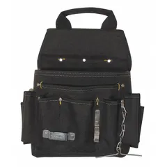 This black polyester tool pouch features 12 pockets and an open-top design. It attaches via a belt slot and is intended for carrying tape measures. Suitable for use in construction, maintenance, and industrial settings where quick access to measuring tools is required.