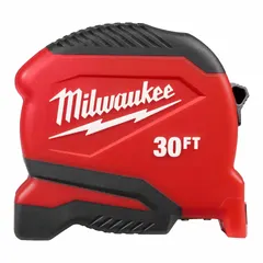 This 30 ft tape measure features a plastic housing in black/red, with SAE inch markings and 1/16 in increments. It includes a nonmagnetic single hook tip, finger brake, and manual lock. Suitable for general measuring tasks in construction, carpentry, and contracting.