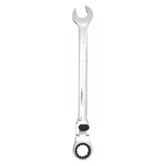 Alloy steel construction with a chrome finish. 25 mm 12-point ratcheting box end and open end. 15-inch overall length. Suitable for tightening and loosening fasteners in mechanical and industrial settings.