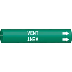 This snap-on pipe marker identifies 'Vent' piping with a green background and white legend text. It fits pipe outer diameters of 4 to 6 inches and includes directional arrows. Suitable for labeling vent lines in industrial piping systems.