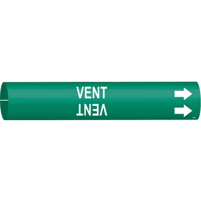 BRADY Pipe Marker: Vent, Green, White, Fits 4 to 6 in Pipe O.D., 1 Pipe Markers - Vent Snap-On Pipe Markers