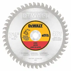 7-1/4 in diameter circular saw blade with 48 carbide teeth, 0.08 in cut width, and 5/8 in arbor. Designed for cutting steel and general ferrous metals in fabrication, construction, and maintenance applications.
