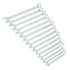This 15-piece set of metric 12-point combination wrenches is constructed from alloy steel with a full polish chrome finish. Designed for standard use, the wrenches are suited for tightening and loosening metric fasteners in automotive, industrial, and mechanical applications.