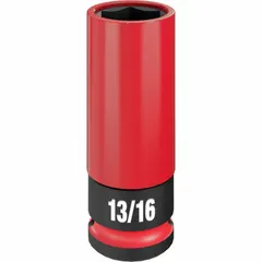 This MILWAUKEE socket is a 13/16 in SAE 6-point deep socket with a non-marring drive. It is designed for use with 1/2 in drive tools. Commonly used for removing and installing lug nuts on vehicle wheels.