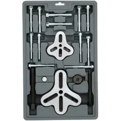 This push-puller set is used to separate flanged joints in piping systems for gasket replacement or inspection. It features a minimum spread of 1-1/2 inches, a maximum spread of 4-5/8 inches, and a maximum reach of 3 inches. The set has a 5/8"-10 thread specification.