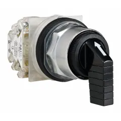 This 30 mm panel-mounting selector switch from the 9001K series features a long-handled knob with a polycarbonate operator head and metallic bezel. It offers three positions with momentary/off/momentary action and SPDT contacts. Rated 1.2 A at 600 V AC and 0.27 A at 250 V DC, it is suited for industrial control panels and machinery requiring clear operator feedback.