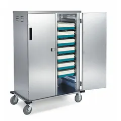 This LAKESIDE meal delivery cart is constructed of stainless steel with a silver finish and two doors. It is a non-pass-through model with an overall height of 63 inches and features two swivel casters. NSF certified, it is suitable for transporting trays in food service settings.
