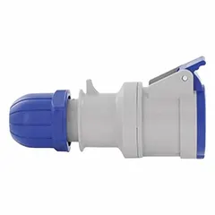 This LEVITON pin and sleeve connector is rated for 208/250V AC, single phase, 32 A, with 4 poles and 5 wires. It is used for industrial power distribution requiring a robust connection for heavy-duty equipment in manufacturing, data centers, and commercial facilities.