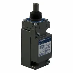 Metallic plug-in limit switch from the 9007C series with body style X. Features a plunger actuator style and 0.08 in pretravel. This model does not include an actuator. Used in industrial automation for position sensing of moving parts in linear motion applications.