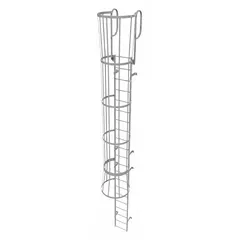 Steel fixed ladder with safety cage, 18 in overall width, 21 rungs. Designed for permanent installation as a secure access solution for elevated platforms, rooftops, and industrial structures.