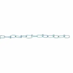 This light-duty jack utility chain features a double loop design with a zinc finish. It has a working load limit of 55 lb and a link inside length of 7/8 in, with an item trade size of 5. Suitable for general lifting, pulling, and securing tasks in maintenance and industrial settings where light-duty capacity is adequate.