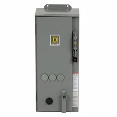 Three-phase NEMA combination starter with fusible disconnect for motor control and overload protection. Rated NEMA Size 0 with 600V AC maximum voltage, 120V AC coil, and quick-disconnect terminals. Requires three melting alloy thermal units (not included). Enclosure is NEMA-rated 12 for indoor use.