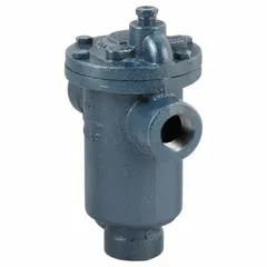 Cast iron inverted-bucket steam trap with 3/4 in FNPT connections, rated for 1,000 lb/hr capacity and 30 psi maximum pressure. Designed for horizontal installation with in-line configuration. Used to drain condensate from steam lines while preventing steam loss in low-pressure steam systems. Strainer not included.