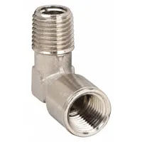 This 90° elbow fitting connects two 3/8 in NPT pipes at a right angle. It features male NPT on one end and female NPT on the other, with a nickel-plated finish for corrosion resistance. Rated for a maximum operating pressure of 250 psi, it is suitable for low-pressure pneumatic, hydraulic, or fluid transfer systems