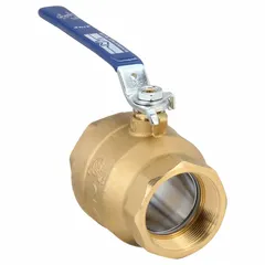 This two-way brass ball valve features a full-port design for minimal pressure drop. It has female NPT threaded ends and a memory stop locking lever handle for manual on/off flow control. Suitable for water, oil, and gas applications in commercial and light industrial piping systems.