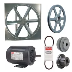 Unassembled belt-drive panel supply fan with a 48-inch blade and open dripproof motor enclosure. Delivers 19,995 cfm at 3/4 hp, 3-phase, with nameplate voltage 208-230/460V AC. Suitable for general ventilation and air supply in industrial and commercial facilities such as warehouses, factories, and large workshops.