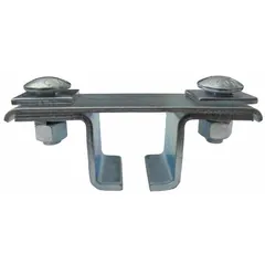 Steel bracket for festoon systems used to support and secure cable tracks on overhead cranes, hoists, and material handling equipment. Overall length of 4.06 inches. Mounts to track to guide cables and hoses during movement.