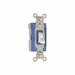 This toggle wall switch is a 3-way, maintained type rated for 120/277V AC and 15 A. It is non-illuminated and finished in white. Suitable for controlling a lighting load from two locations in standard wall-box installations.