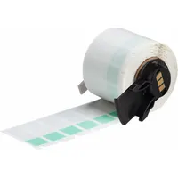 This vinyl wraparound label features a green matte finish and measures 1 1/2 inches by 1/2 inch. It is designed for wire gauges from 10 AWG to 4 AWG. The label is compatible with the BMP71 printer series and requires the M61-R4310 ribbon for printing. Typical applications include permanent identification of wires in electrical panels, data centers, and manufacturing facilities