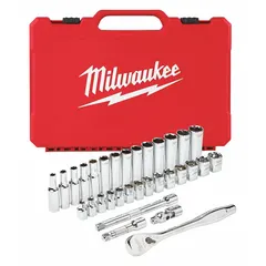 This 32-piece socket set includes 6-point metric sockets from 6 mm to 19 mm, both standard and deep, with a 3/8 in drive. Drive tools are included, and the set features a friction retention mechanism. Suitable for tightening and loosening fasteners in automotive repair, machinery maintenance, and industrial assembly.