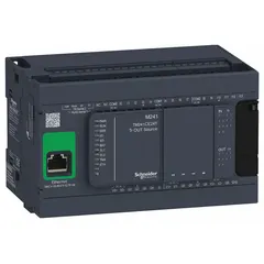The TM241CE24T is a Modicon series programmable logic controller from Schneider Electric. It features 14 discrete inputs and 10 transistor outputs, operates on 24V AC and 24V DC power, and includes a built-in clock. This PLC is suited for industrial automation tasks such as machine control, packaging, and material handling.