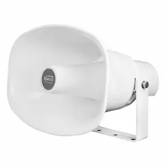 This powered 2-way horn speaker is designed for outdoor use, providing clear audio projection over distance. It measures 11 1/4 inches wide and 8 inches high. Suitable for public address, paging, and emergency notification in industrial facilities, parking lots, and building exteriors.