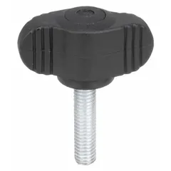 Wing knob with threaded stud, 28 mm diameter plastic body and stainless steel thread. Thread size 1/4"-20, thread length 30 mm. Used for manual clamping, positioning, and adjustment on jigs, fixtures, and machinery.