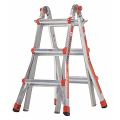 This aluminum combination ladder offers six configurations for versatile access in industrial, construction, and facility maintenance tasks. With a 375 lb load capacity and 38 lb weight, it can be used as an A-frame, extension, staircase, or scaffold, adapting to uneven surfaces and varying heights.