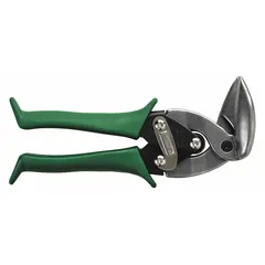 This right-cutting aviation snip has an overall length of 8-3/4 in and a cutting length of 1-1/4 in. It features steel blades, a plastic handle, and a steel body. Designed for cutting 24 ga cold rolled steel, it includes a lock feature for secure storage. Commonly used in HVAC, sheet metal fabrication, and automotive repair for straight or curved cuts in ductwork and panels.