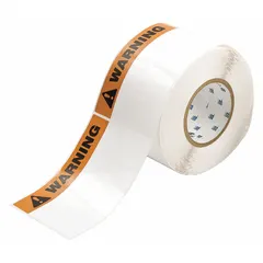 Warning header precut label roll, 4 in x 6 in, made of white polyester with rubber adhesive. Halogen-free material. Contains 500 labels per roll. Compatible with IP Series printers. Used for industrial safety identification and warning signage.