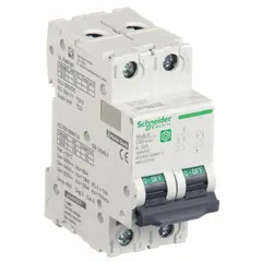 SCHNEIDER C60H-DC series supplementary protector, 2-pole, 10 A, DC-only rated for 500V DC. D curve type for high-inrush loads. Maximum AIR rating 5kA at 250V DC. Screw clamp terminals. UL1077 recognized. Suitable for overcurrent and short-circuit protection in DC circuits such as industrial control panels, solar arrays, and battery systems.