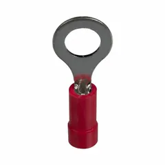 Vinyl-insulated ring terminal rated for 600 V with a 1/4 in stud size. Features funnel entry for simplified wire insertion. Suitable for terminating wires in electrical panels, power distribution, and general wiring applications.