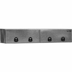 This topside box features double flip-up doors with a T-handle compression lid and keyed lock for secure storage. Constructed in silver, it is designed for organized tool and equipment storage in service trucks, suitable for field service, construction, and maintenance applications.