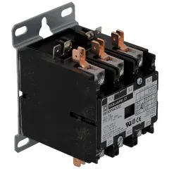 This three-pole definite purpose contactor is designed for HVACR applications such as air conditioning, refrigeration, and heating systems. It switches three-phase motor loads up to 40 A with a 110/120V AC coil and a maximum voltage rating of 600V AC. The contactor features 3NO main pole contact form and quick-disconnect terminals for wiring.