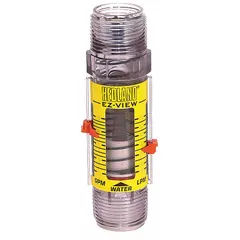 This variable area inline flowmeter measures water flow rates in industrial piping systems. It features a scale display in liters, universal mounting orientation, Buna-N seals and O-rings, and accuracy of +/-5%. The unit includes a remote output for monitoring and is suitable for applications such as water treatment, cooling circuits, and process control.