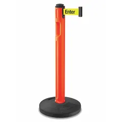 This LAVI message retractable belt post barrier features a plastic and rubber construction with a black and orange base. The fluorescent yellow belt displays the text 'Caution - Please Do Not Enter' with no pattern. It is used to cordon off restricted areas and guide pedestrian traffic in industrial facilities, warehouses, and public spaces.