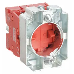 This contact block features a 2NC (normally closed) configuration with momentary switch action. It uses screw clamp terminals for secure wiring connections. Suitable for industrial control panel applications requiring momentary switching, such as emergency stop circuits and safety interlocks.