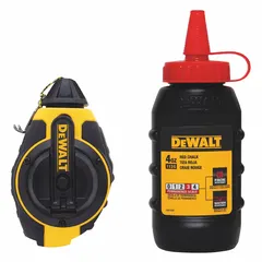 This chalk line reel kit includes a 100 ft nylon line and an 8 oz fill weight, housed in an ABS plastic body with a turn cap door. It is used for marking straight reference lines on surfaces such as drywall, concrete, and wood in construction layout tasks.