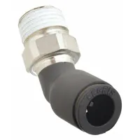 This nylon and nickel-plated brass elbow fitting connects 3/8 in OD tubing to 1/8 in male NPT threads via push-to-connect technology for tool-free installation. Suitable for pneumatic and fluid systems in industrial automation, packaging, and material handling applications. Supplied in a 10-pack