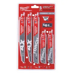 This 5-piece reciprocating saw blade set includes blades in 6-inch and 9-inch lengths for cutting wood. The set features two 9-inch 5 TPI Wood THE AX blades with carbide teeth, designed for extended life when cutting nail-embedded wood. Suitable for demolition, framing, and general construction applications.