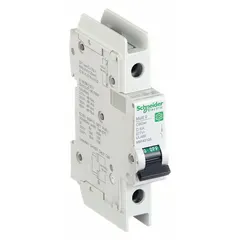 This 1-pole miniature circuit breaker features a D-curve trip characteristic for overcurrent protection in circuits with high inrush currents. Rated 6A, 240/415V AC and 60V DC, with a maximum interrupting rating of 14kA at 120/240V AC. Terminal connection is screw clamp. Suitable for DIN rail mounting in industrial control panels, HVAC equipment, and lighting circuits.